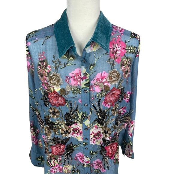 Soft Surroundings Sequins Embroidered Floral Top Roll Tab Sleeves Boho Sz Medium - Picture 4 of 16